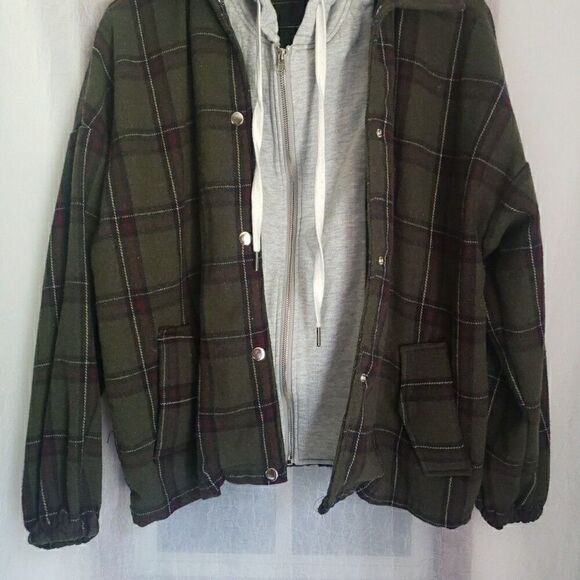 ALTAR'D STATE Plaid Fleece Hooded Shacket Green Y2K 90's Grunge Slouchy Size S - Picture 6 of 9